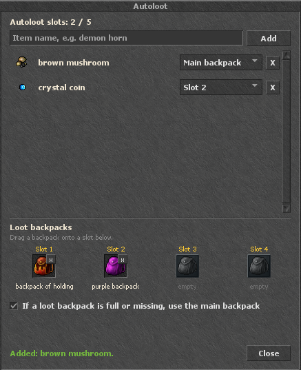 Okno Autoloot w grze